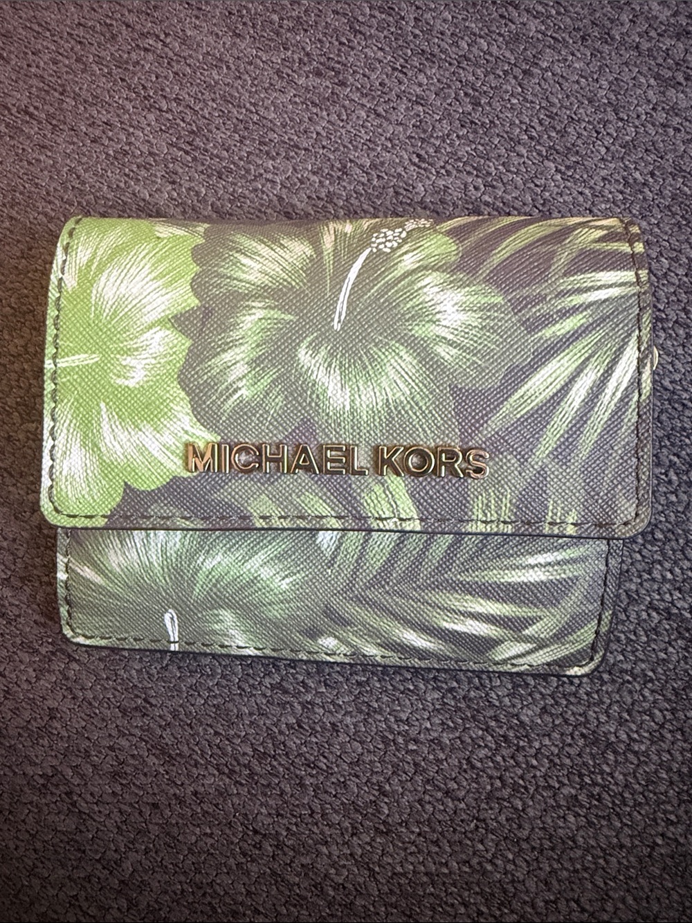 Michael Kors Green Floral Compact Wallet with Gold Logo